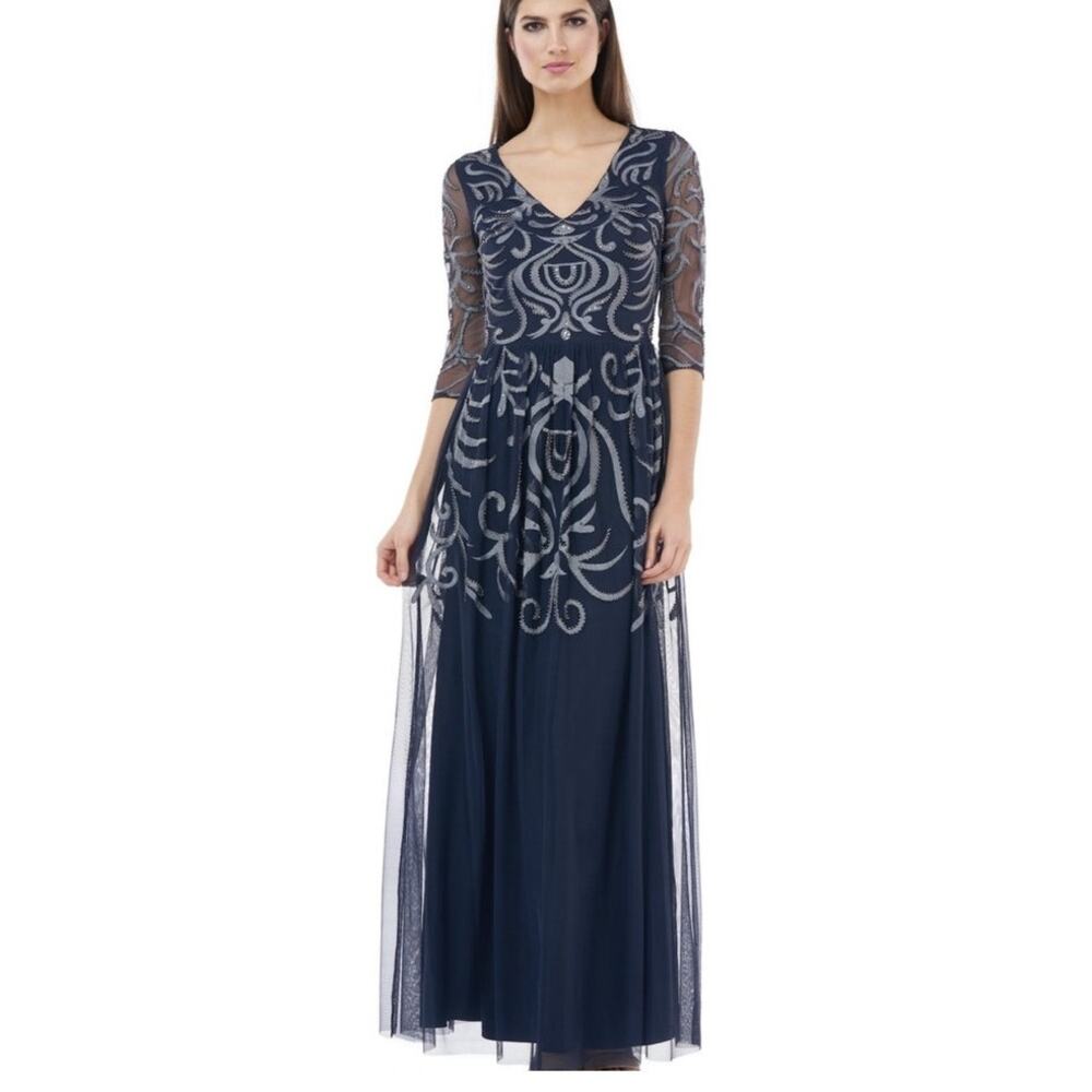 JS Collection Long Navy Silver Embroidery Evening Formal Dress Size 12 NWT